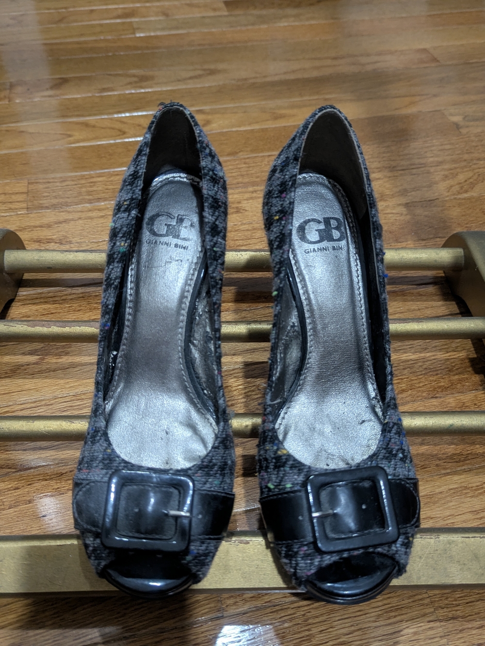 Gianni Bini Black Tweed Peep-Toe Heels with Buckle Accent